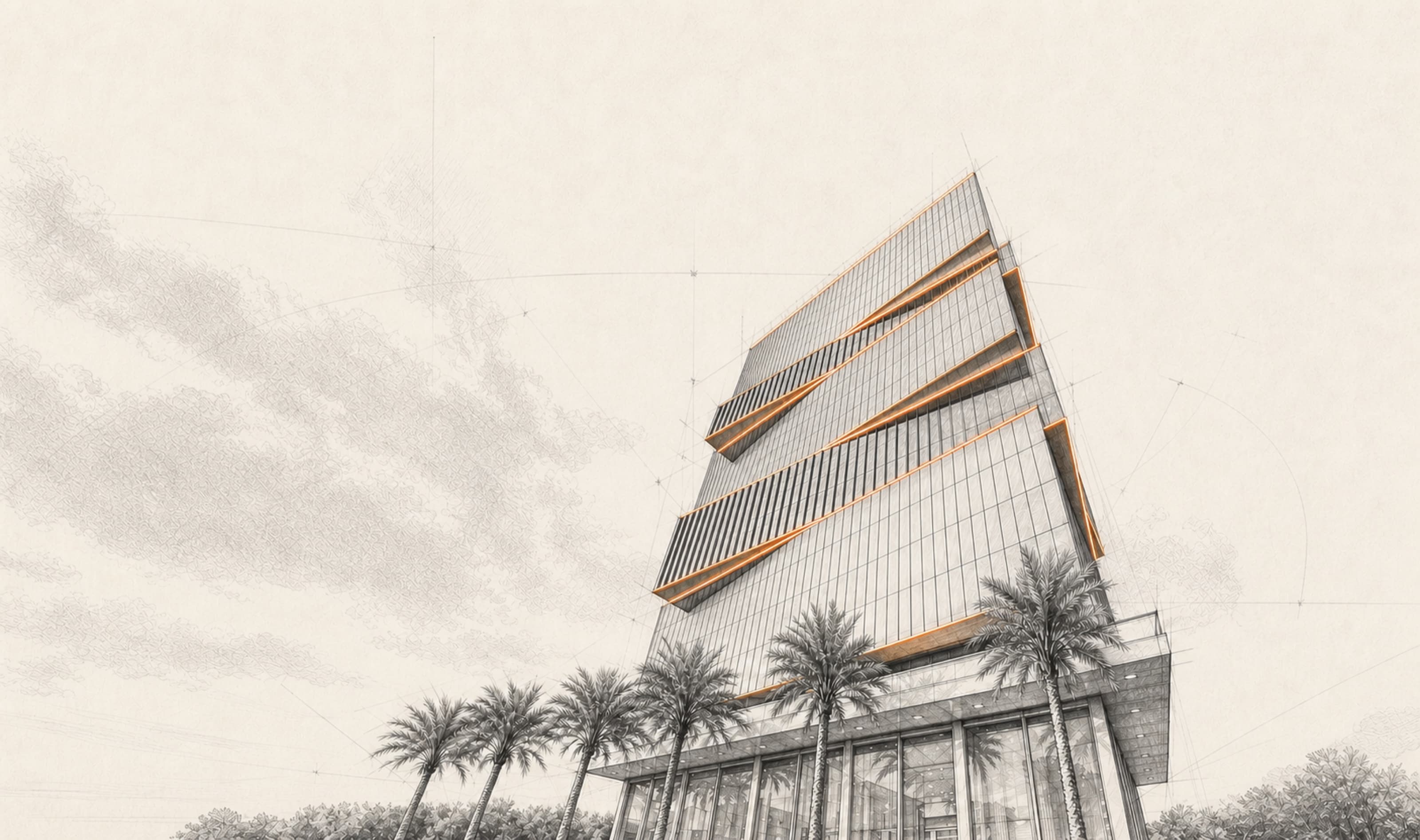 The Vertical tower drawn in graphite with gold architectural accents.
